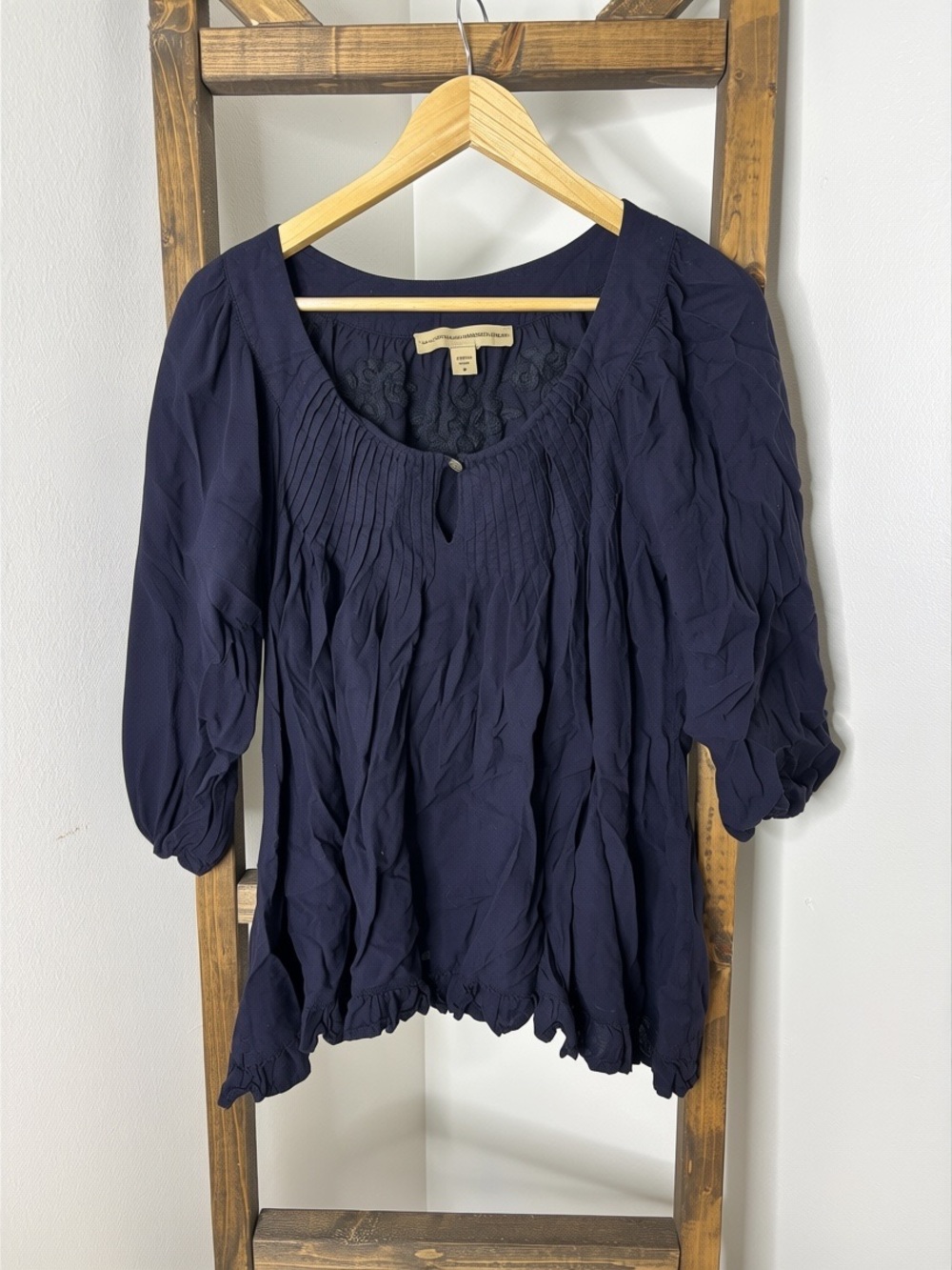 Vintage America Dark Navy Women's Pintuck Peasant Top Size S